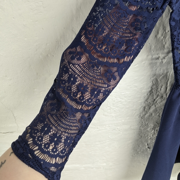 Navy Lace Back & Sleeve Semi-Formal Dress - Picture 3 of 7